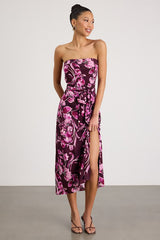 Fanna Dark Plum Floral Strapless Midi Dress
