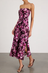Fanna Dark Plum Floral Strapless Midi Dress