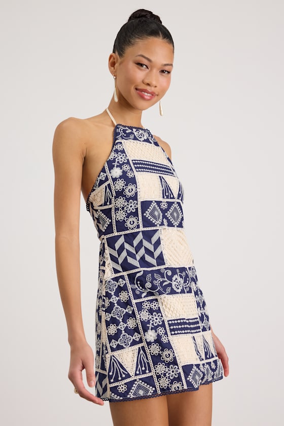 Daisy Navy and Cream Embroidered Halter Mini Dress
