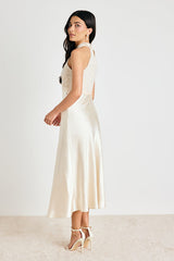 Jelani Ivory Satin Embroidered Midi Dress