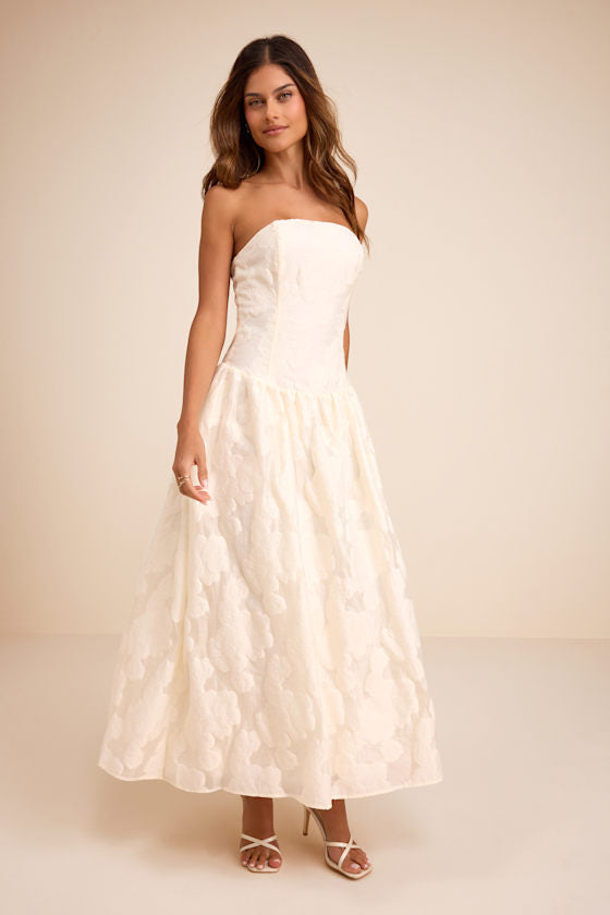 Calen Cream Floral Jacquard Drop Waist Maxi Dress