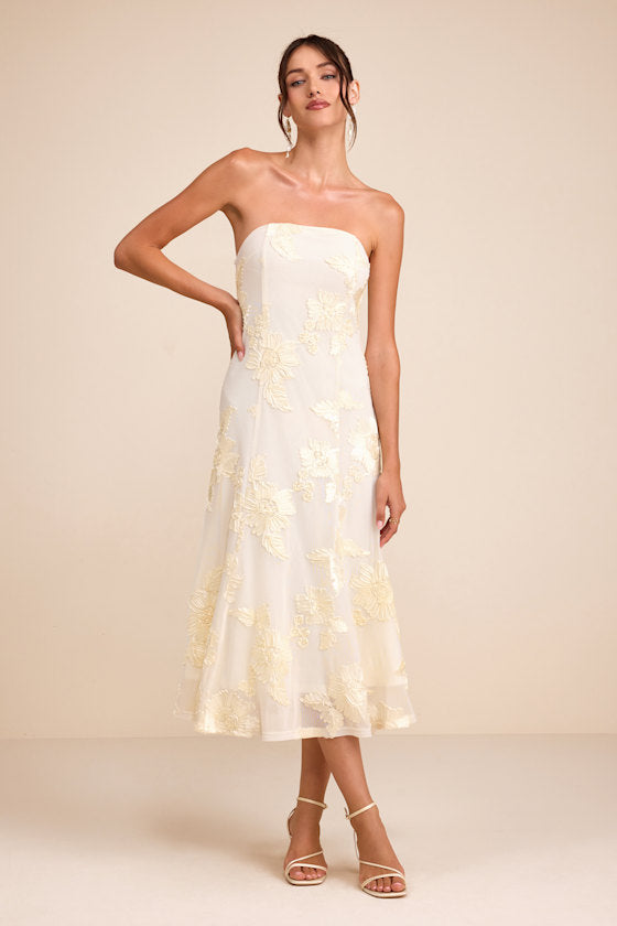 Taden Ivory Mesh Floral Applique Midi Dress