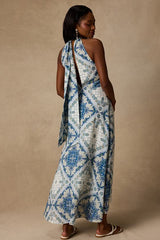 Hania White and Blue Boho Print Halter Midi Dress