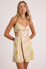 Farrah Lime Green and Pink Leaf Print Cutout Mini Dress