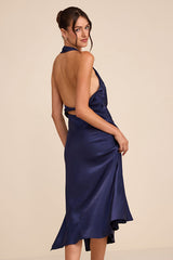 Belin Navy Satin Backless Midi Dress