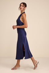 Belin Navy Satin Backless Midi Dress