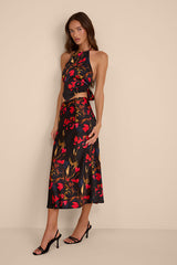 Jules Black Multi Floral Satin Two-Piece Midi Dress