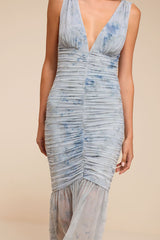 Jamie Light Blue Floral Mesh Sheer Hem Maxi Dress