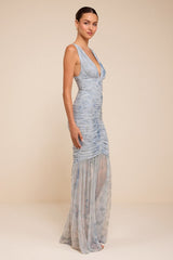 Jamie Light Blue Floral Mesh Sheer Hem Maxi Dress