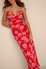 Vesta Red Floral Cowl Neck Maxi Dress