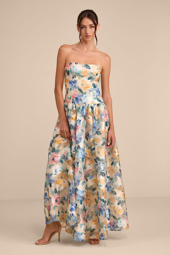 Mikayla Beige Multi Floral Jacquard Maxi Dress