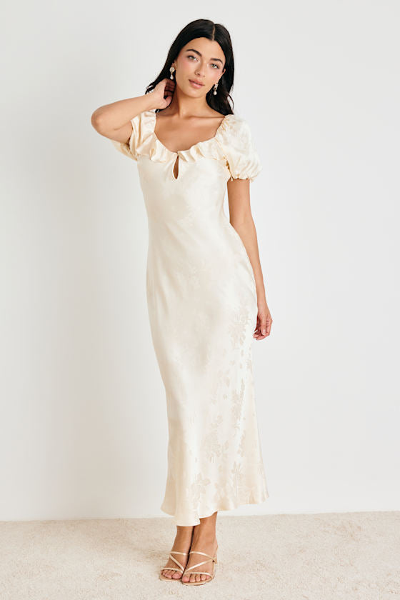 Farina Cream Floral Jacquard Puff Sleeve Maxi Dress