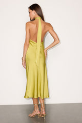 Lorissa Chartreuse Satin Halter Midi Dress