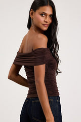 Jarena Dark Brown Ruched Off-the-Shoulder Top