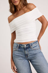 Jarena White Ruched Off-the-Shoulder Top