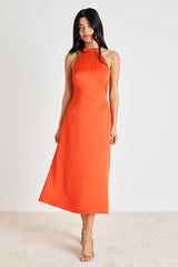 Deva Orange Satin Halter Midi Dress