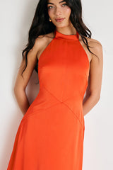 Deva Orange Satin Halter Midi Dress