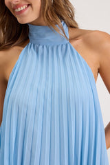 Twyla Light Blue Pleated Halter Tank Top