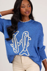 Montauk Blue Embroidered Pullover Sweater