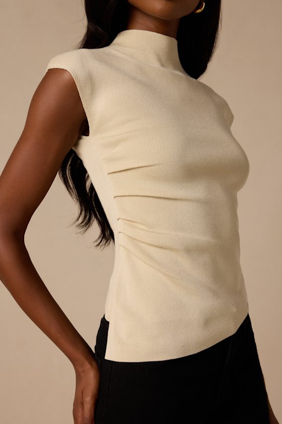 Terry Light Beige Mock Neck Asymmetrical Sweater Top