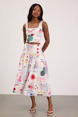 Fabella White Multi Print Textured Midi Skirt