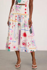 Fabella White Multi Print Textured Midi Skirt
