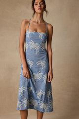 Destin Light Blue Embroidered Lace-Up Midi Dress
