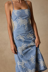Destin Light Blue Embroidered Lace-Up Midi Dress