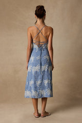 Destin Light Blue Embroidered Lace-Up Midi Dress