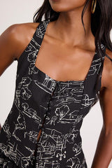 Ravia Black Print Button-Front Tank Top