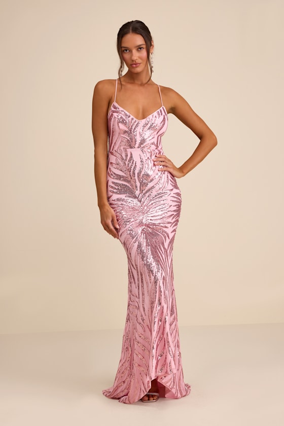 Sparkle 'til Dawn Light Pink Sequin Lace-Up Mermaid Maxi Dress