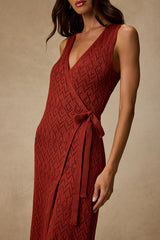 Livia Rust Red Pointelle Knit Wrap Midi Dress