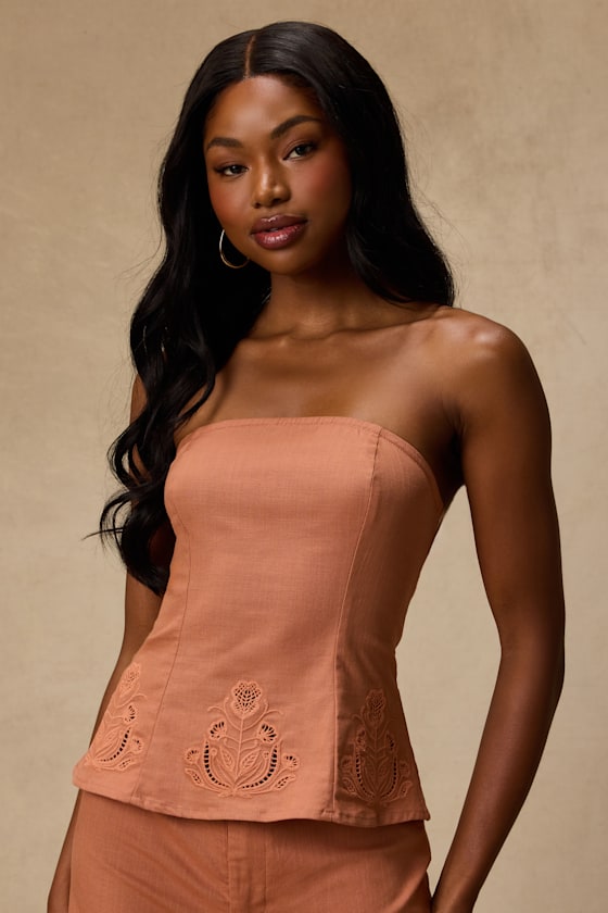 Tristen Terracotta Embroidered Strapless Top