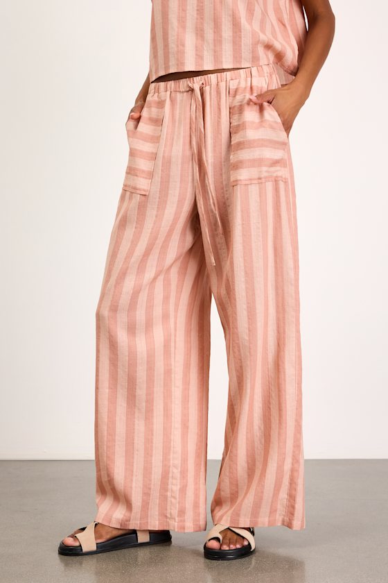 Dresa Light Pink Striped Cotton Wide-Leg Pants