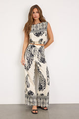 Gaia Ivory and Black Boho Print Wide-Leg Pants