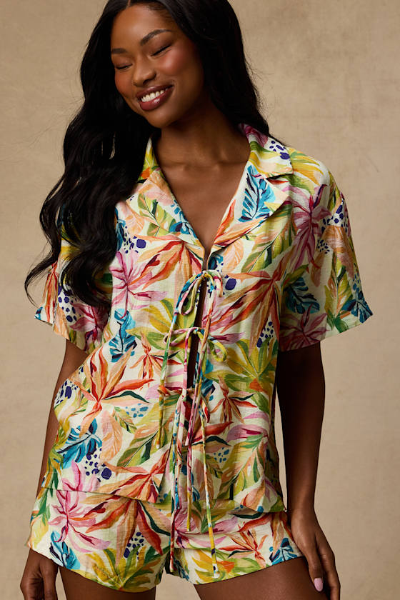 Talise Ivory Multi Tropical Print Tie-Front Collared Top