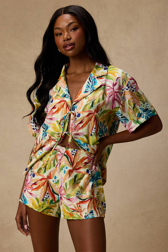 Talise Ivory Multi Tropical Print High-Rise Shorts