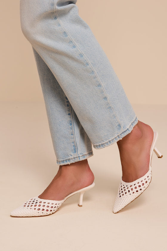 Tia White Woven Pointed-Toe Mule Pumps