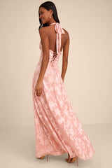 Maira Blush Pink Floral Burnout Halter Maxi Dress