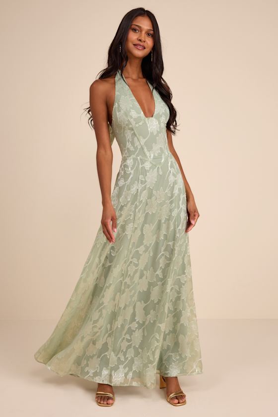 Maira Sage Floral Burnout Halter Maxi Dress
