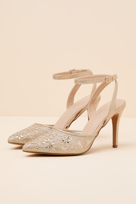 Fierria Champagne Rhinestone Pointed-Toe Ankle Strap Pumps