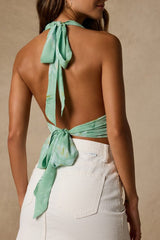 Posie Light Green Floral Satin Halter Top