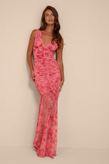 Jamie Pink Floral Mesh Sheer Hem Maxi Dress