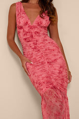 Jamie Pink Floral Mesh Sheer Hem Maxi Dress
