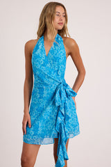 Felicita Blue Floral Halter Wrap Mini Dress