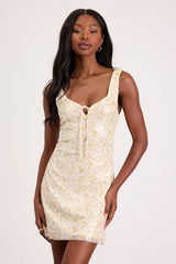 Adelina Yellow Floral Sequin Mini Dress