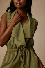 Ira Olive Green Collared Drawstring Romper
