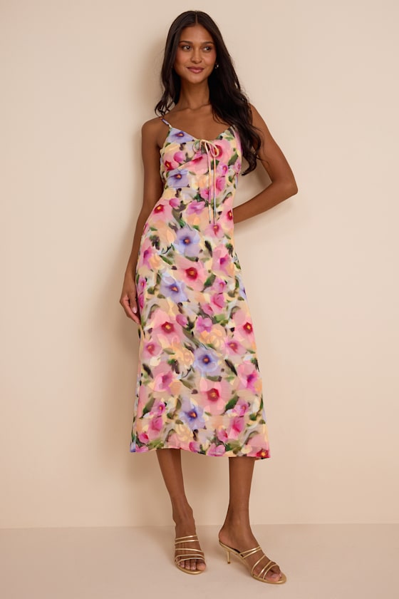 Jovany Pink Multi Floral Jacquard Slip Midi Dress