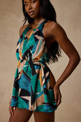 Demma Teal Multi Abstract Satin Romper