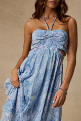 Dimitra Light Blue Paisley Print Halter Midi Dress